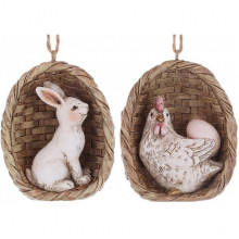 Декоративні підвіски "Кролик та Курочка в кошику" 12 фігурок 7см, полістоун (243500)