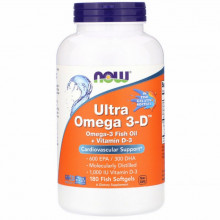 Жирные кислоты Now Foods Ультра Омега 3 и Витамин D, Ultra Omega 3-D, 180 Гелевых Кап (NOW-01664) (303410)