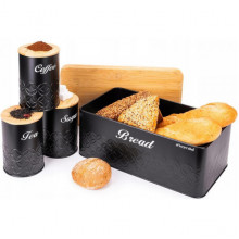 Хлібниця Kamille Black&Wood 36х22х20см з дерев'яною кришкою + 3 ємності для зберігання, чорні (245281)