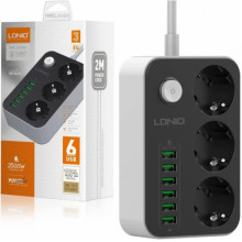 Сетевой фильтр удлинитель 3 розетки с 6 USB 2м с защитой с заземлением LDNIO SE3631 2500W 10A (186132)