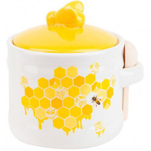 Керамічна банка-медовниця з дерев'яною ложкою "Sweet Honey" 450мл, біла з жовтим (176832)
