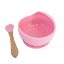 Силиконовая тарелка на присоске с деревянной ложкой MGZ-0103(Pink) 300 мл