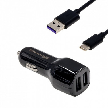 Зарядное устройство Grand-X 2,1A, 12-24V, 2USB + cable USB -> TypeC, Cu, 1m (CH-26TC) (321334)