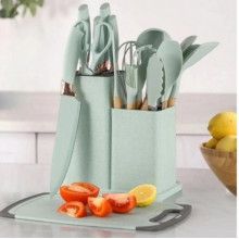 Силиконовый кухонный набор принадлежностей с деревянной ручкой Kitchenware Set 19 предметов Бирюзовый (251934)