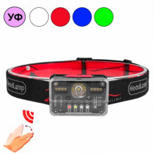 Фонарь налобный аккумуляторный M-006 XPG+8SMD+4SMD с сенсорным управлением, красный, синий, зеленый, белый, ультрофиолет (343396)