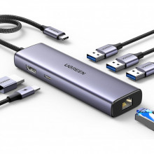 Концентратор Ugreen USB-C 6-in-1 3xUSB 3.0 + HDMI 4K@30Hz + RJ45 1000Mbps + PD silver (15598) (345448)