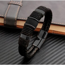 Браслет мужской кожаный AVALON ALL BLACK черный плетеный 16-18 см (2123190635)